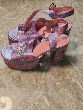 Dolls Kill Glitter Purple Platform Heels with Pink Insole and Heart Accents